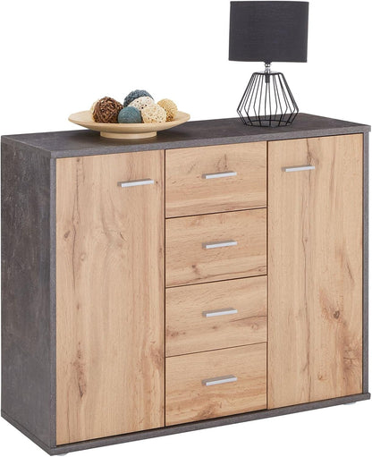 CARO-Möbel Jamie Sideboard with 2 Doors and 4 Drawers, Modern Chest of Drawers Office Furniture in Concrete Dark / Wotan Oak