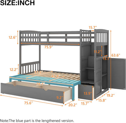 Harper & Bright Designs Twin Over Full Bunk Bed?Twin Bunk Bed for Kids,Bed Frame with Convertible Bottom Bed, Storage Shelves and Drawers for Kids,Adults(Grey)