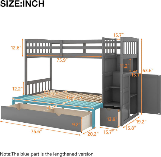 Harper & Bright Designs Twin Over Full Bunk Bed?Twin Bunk Bed for Kids,Bed Frame with Convertible Bottom Bed, Storage Shelves and Drawers for Kids,Adults(Grey)