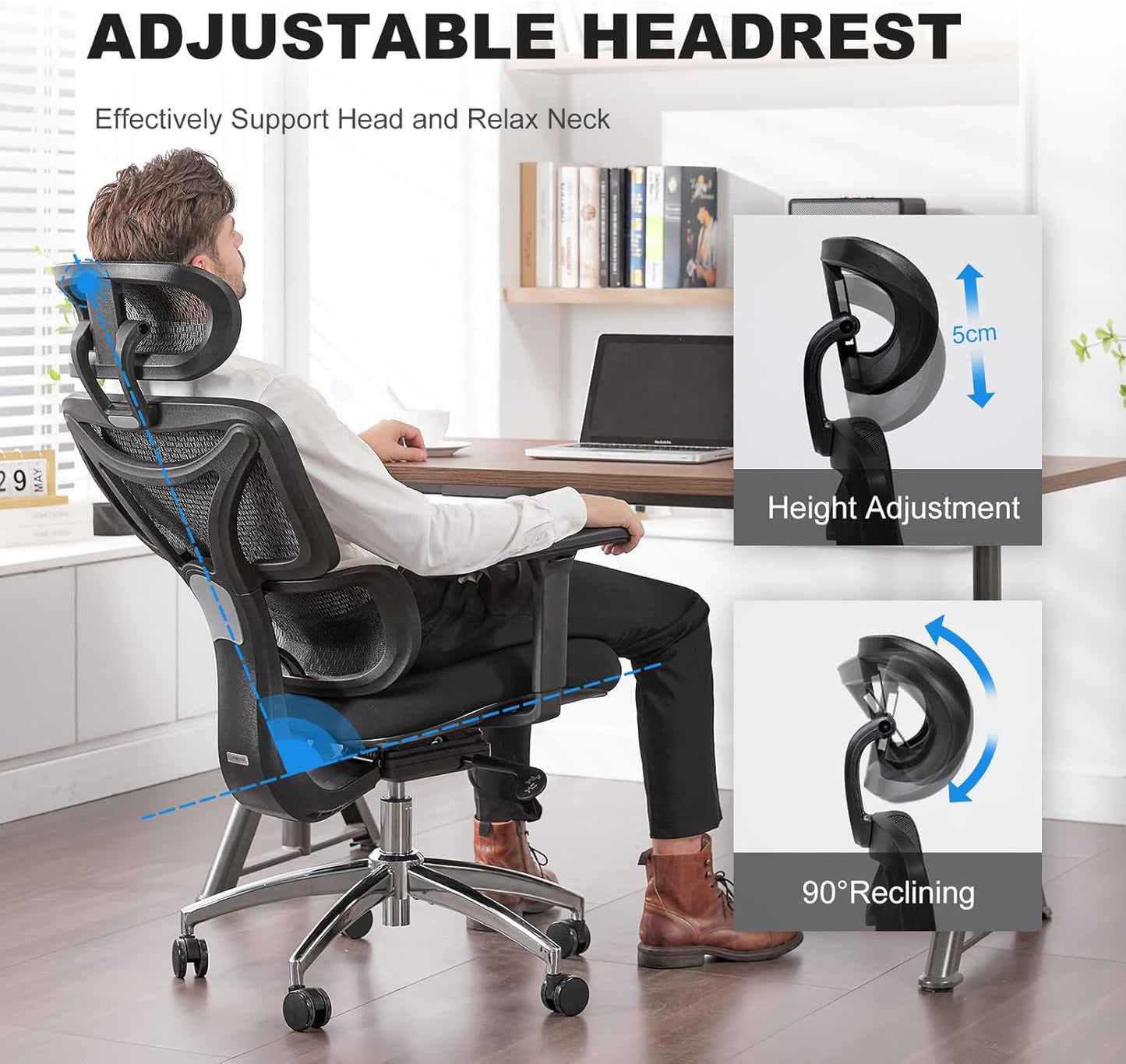 Ergonomic Office Chair, Home Office Desk Chair with Adjustable Headrest & Armrest, High Back Mesh Computer Chair with Thickened Cushion & Dynamic Lumbar Supportï¼Œ360° Swivel Chair for Home Office
