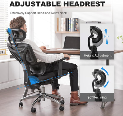 Ergonomic Office Chair, Home Office Desk Chair with Adjustable Headrest & Armrest, High Back Mesh Computer Chair with Thickened Cushion & Dynamic Lumbar Supportï¼Œ360° Swivel Chair for Home Office