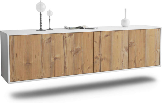 Dekati Lowboard Anaheim hÃ¤ngend (180x49x35cm) Korpus Weiss matt - Front Holz-Design Pinie - Push to Open