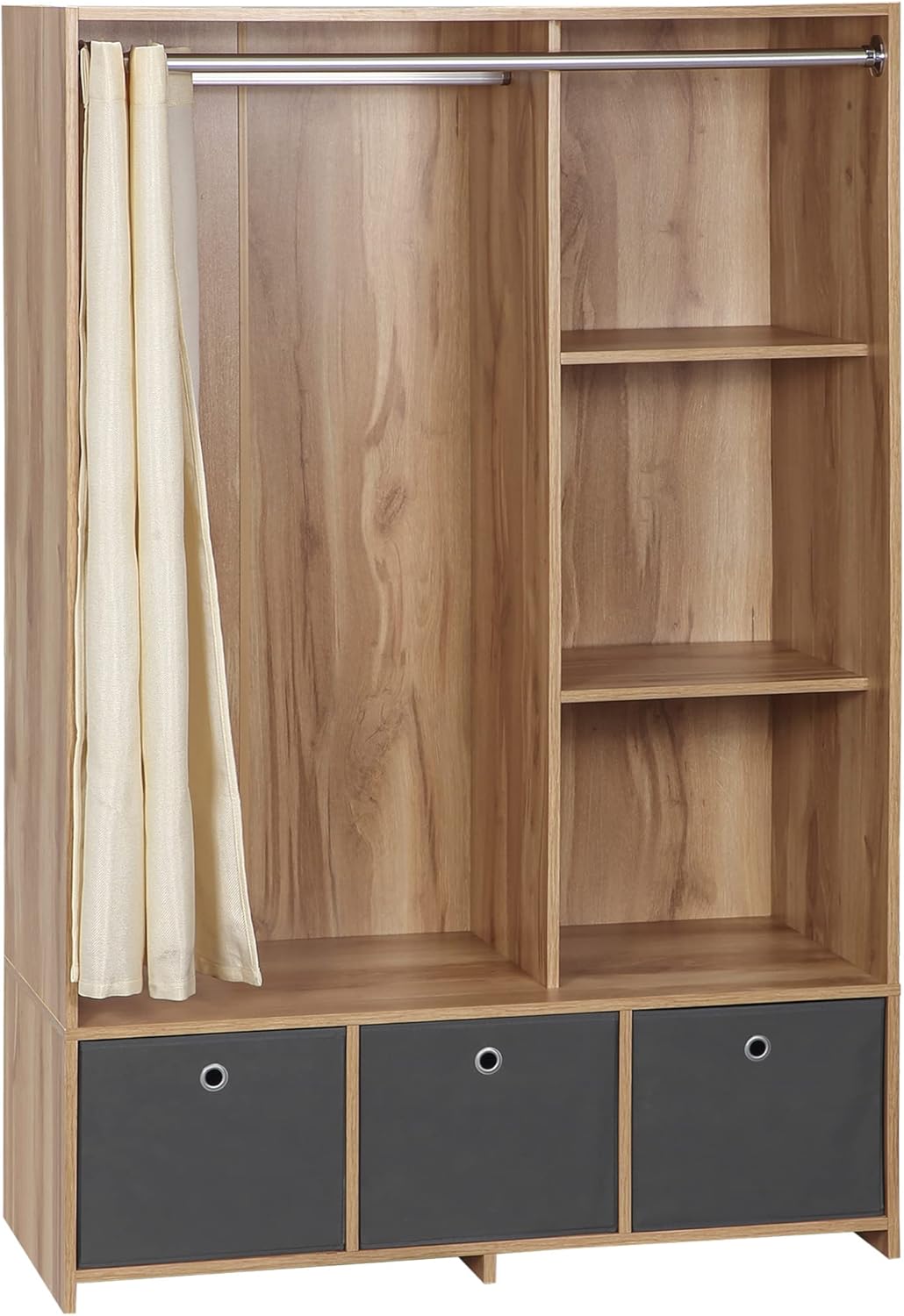 HOMCOM Wardrobe Storage with Rod Curtain 3 Removable Fabric Drawers 105 x 48 x 160 cm Natural