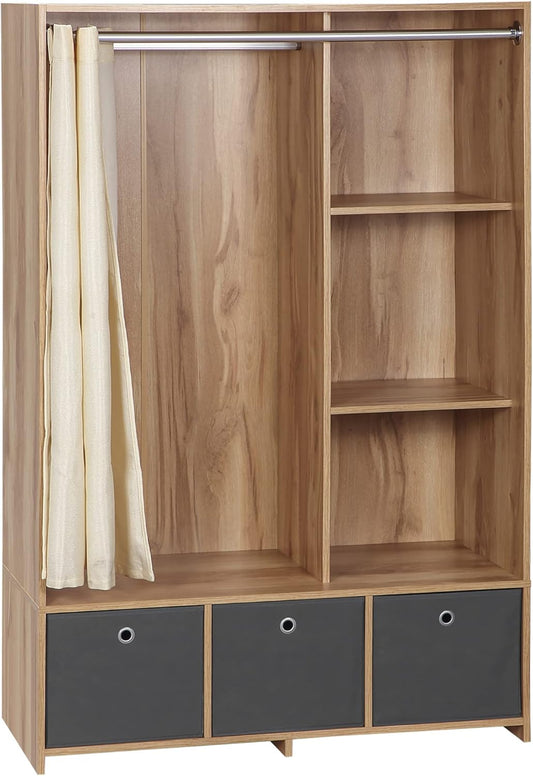 HOMCOM Wardrobe Storage with Rod Curtain 3 Removable Fabric Drawers 105 x 48 x 160 cm Natural