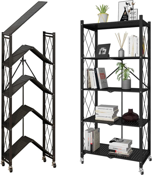 WHIFEA 5 Tier Foldable No Assembly Storage Shelves with Wheels 28.3’’15’’63.2’’ Free Standing Metal Wire Rack Heavy Duty Pantry Collapsible Organizer for Kitchen Bedroom Bathroom Office Black