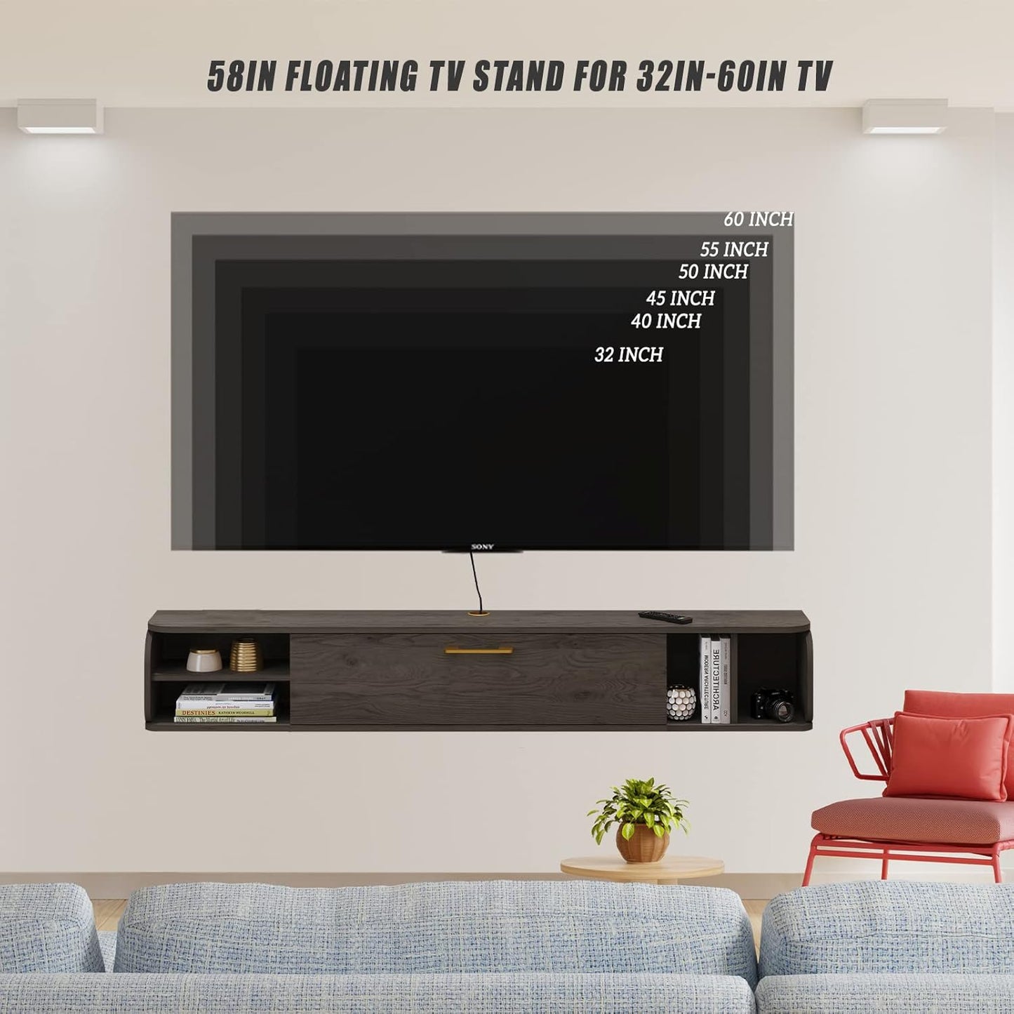 Bixiaomei Floating TV Unit, 58'' Wall Mounted TV Cabinet, Floating Shelves with 4 Cabinets, Wooden Entertainment Media Console Center Large Storage TV Bench for Living Room & Office (58IN, Grey)