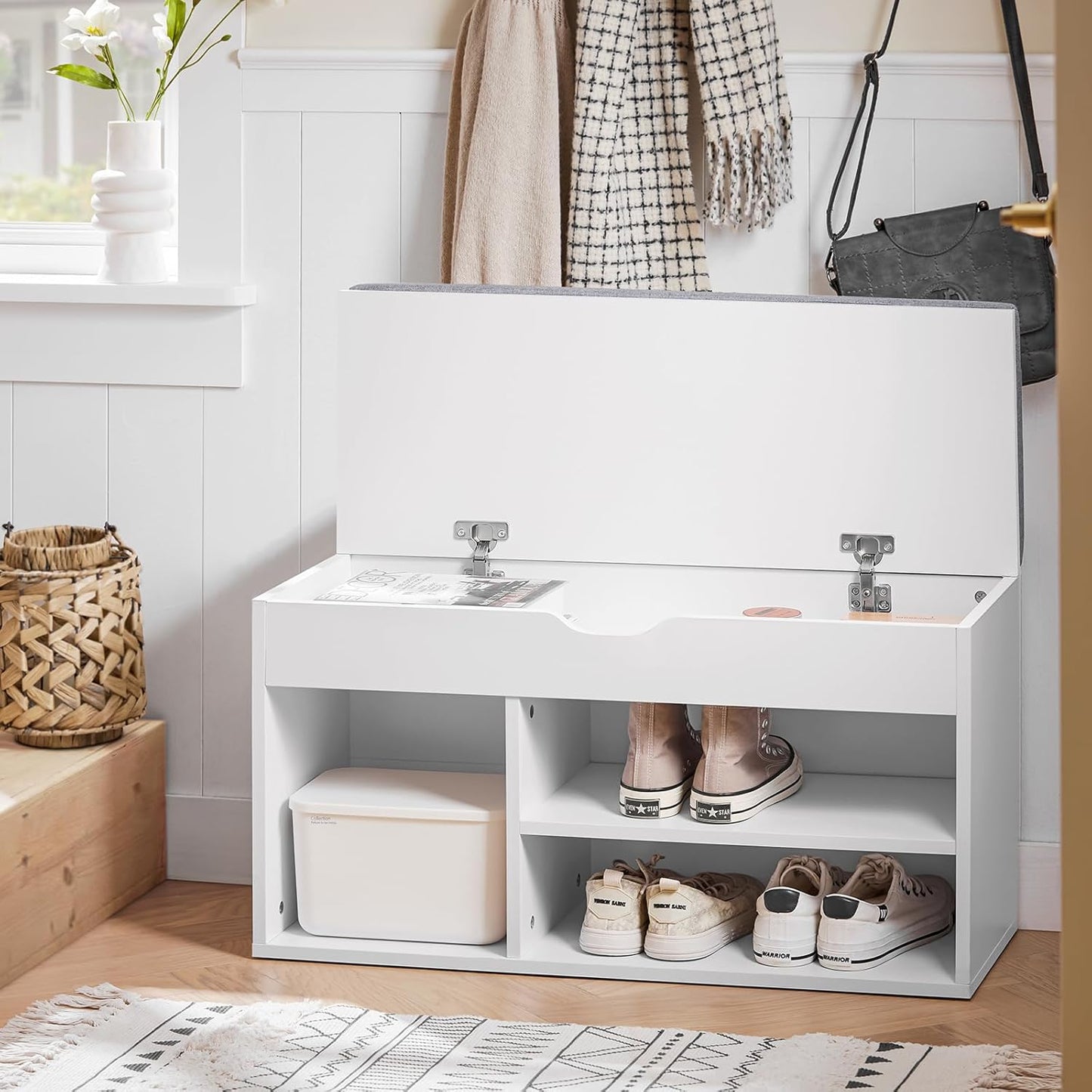 SoBuy FSR45-HG,Shoe Storage Cabinet,Shoe Rack Shoe Bench with Lift Up Bench Top and Grey Cushion