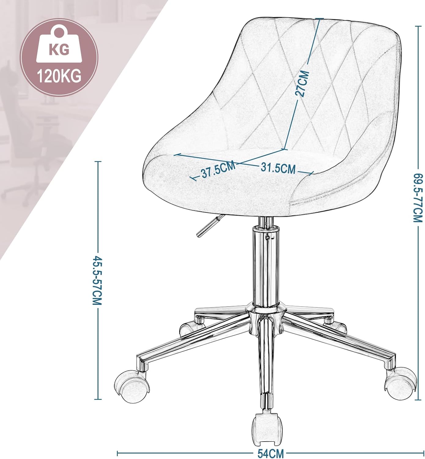 EUGAD 1 x 0033BGY Office Chair Swivel and Adjustable Velvet Office Chair with Wheels Pink