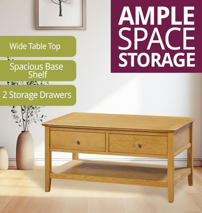 Hallowood Furniture Hereford Oak Large Coffee Table with Drawers & Shelf - Solid Wooden Side Table in Rectangular Shape for Living Room – Coffee Table with Storage in Light Oak Finish