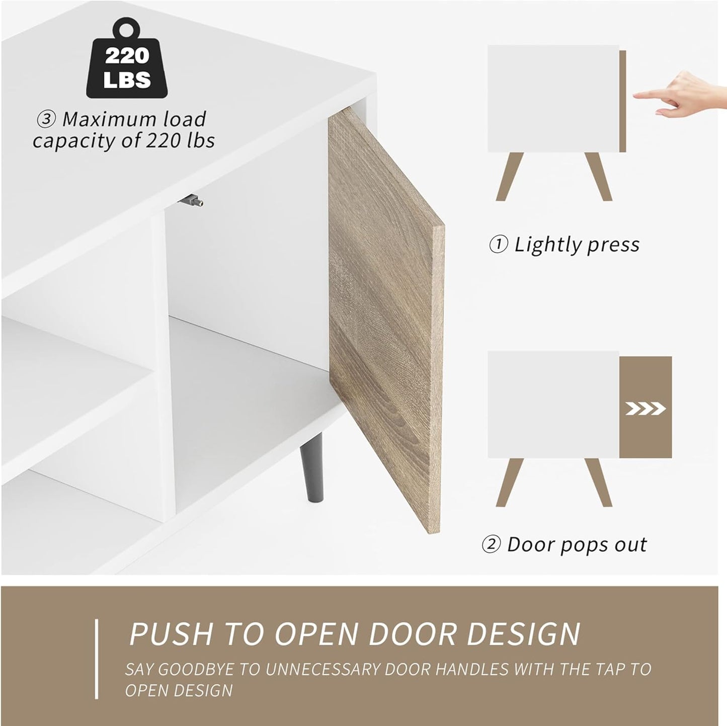 JUMMICO Mid-Century Modern TV Stand for 55/65 Inch TV, Entertainment Center with Storage Cabinet and Open Shelves, TV Media Cabinet for Living Room, Bedroom and Office (White and Oak, 65 Inches)