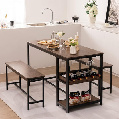 TANGZON Dining Table and 2 Bench Set, 3 Pieces Kitchen Dining Table Set with Wine Rack, Glass Holder & Storage Shelf, Space-Saving Breakfast Dining Furniture for Home Living Room Restaurant (Wooden)