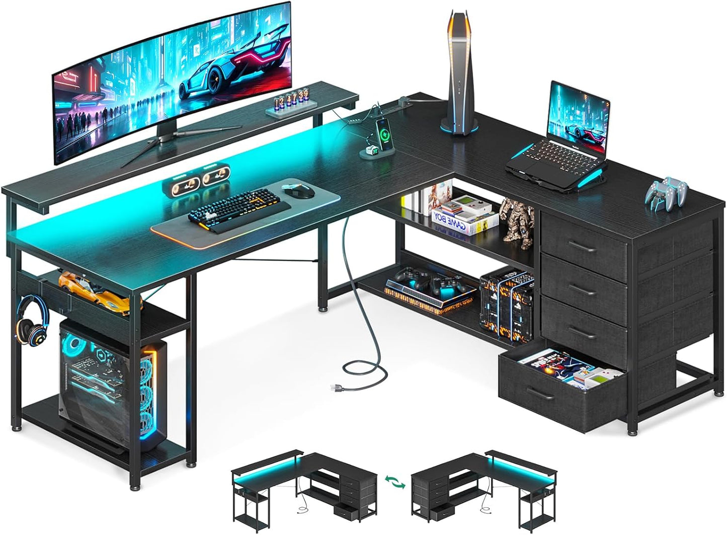 AODK 61" L Shaped Desk with Drawer, Computer Desk with Power Outlets & LED Lights, Reversible Corner Gaming Desks for Home Office Workstation, Office Table with Monitor Shelf, Vintage