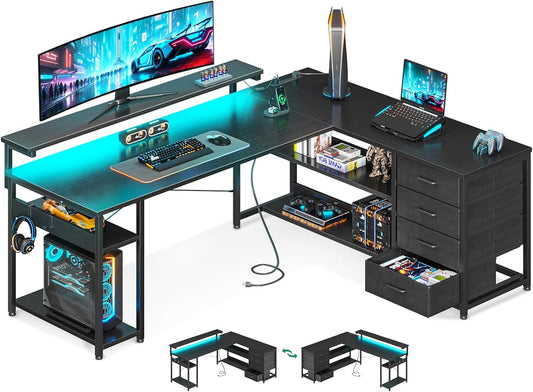 AODK 61" L Shaped Desk with Drawer, Computer Desk with Power Outlets & LED Lights, Reversible Corner Gaming Desks for Home Office Workstation, Office Table with Monitor Shelf, Vintage