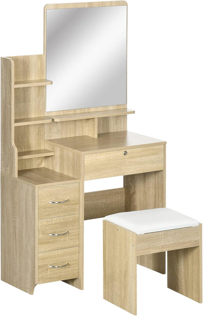 HOMCOM Dressing Table Makeup Table Set with Stool Padded Large Mirror + Multiple Open Shelves + 4 Drawers Natural Wood