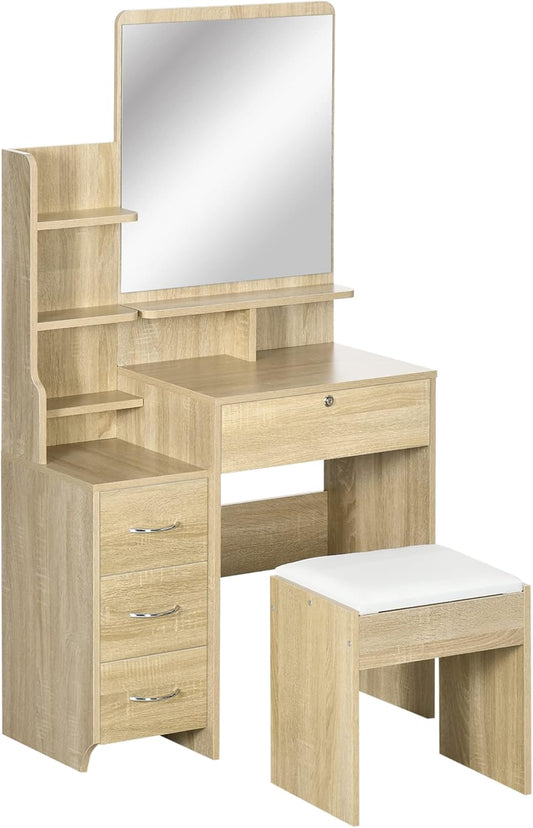 HOMCOM Dressing Table Makeup Table Set with Stool Padded Large Mirror + Multiple Open Shelves + 4 Drawers Natural Wood