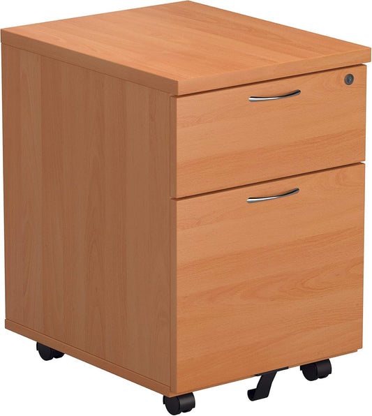 Office Hippo Heavy Duty 2 Drawer Mobile Pedestal Filing Cabinet with Anti-Tilt Mechanism & Lockable Office Storage, 5 Year Warranty - Beech