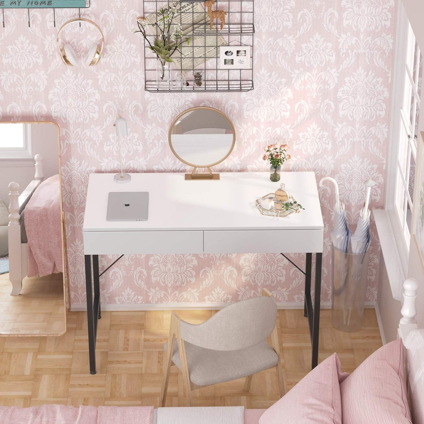 CubiCubi Computer Small Desk, 40 inches with 2 Storage Drawers for Home Office Writing Desk, Makeup Vanity Console Table, White