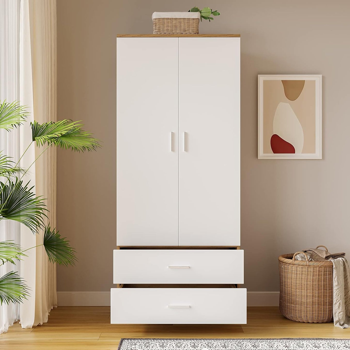 2 Door 2 Drawer Wardrobe with Hanging Rail Wooden Clothes Storage Cupboards Unit for Bedroom Furniture 76.8 * 50 * 180cm (White with Oak)