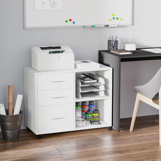 HOMCOM Freestanding Printer Stand Unit Office Desk Side Mobile Storage w/Wheels 3 Drawers, 2 Open Shelves Modern Style 80L x 40W x 65H cm - White