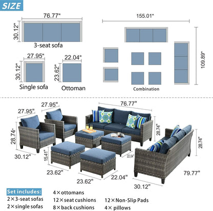 OVIOS Modern 8 PCS High Back Outdoor Furniture Set, Wicker & Steel, Grey-Denim Blue