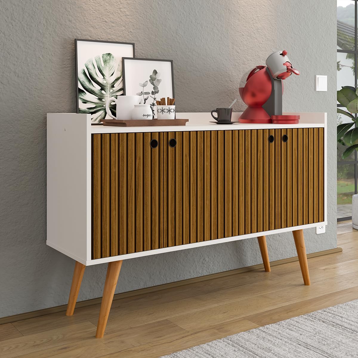Lojas RPM Buffet Sideboard Dallas Feet Retro Stick 4 Doors Dining Room Decor Coffee Corner - Off White|Ripped Nature - Furniture