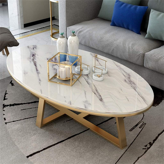 NATUO-Furniture Mid Century Couch Table Modern Simple Oval Marble Coffee Table Side Living Room End Table Cocktail Table Gold Metal iron Base,70cm/80cmx60cmx45cm(White)