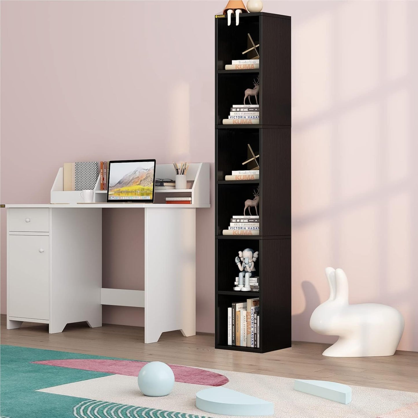 ALISENED 68.5" Tall Narrow Bookshelf, 6 Shelf Wooden Corner Bookcase, Modern Skinny Cubes Storage Organizer Display Shelving for Bedroom, Library, Living Room, Home, Office, Black