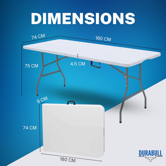 Durabull 6ft Plastic Folding Trestle Table - Heavy Duty -Indoor & Outdoor Solution for All Occasions - 150kg Capacity- Easy Setup, Folds in Half for Compact Storage, Portable with Carry Handle