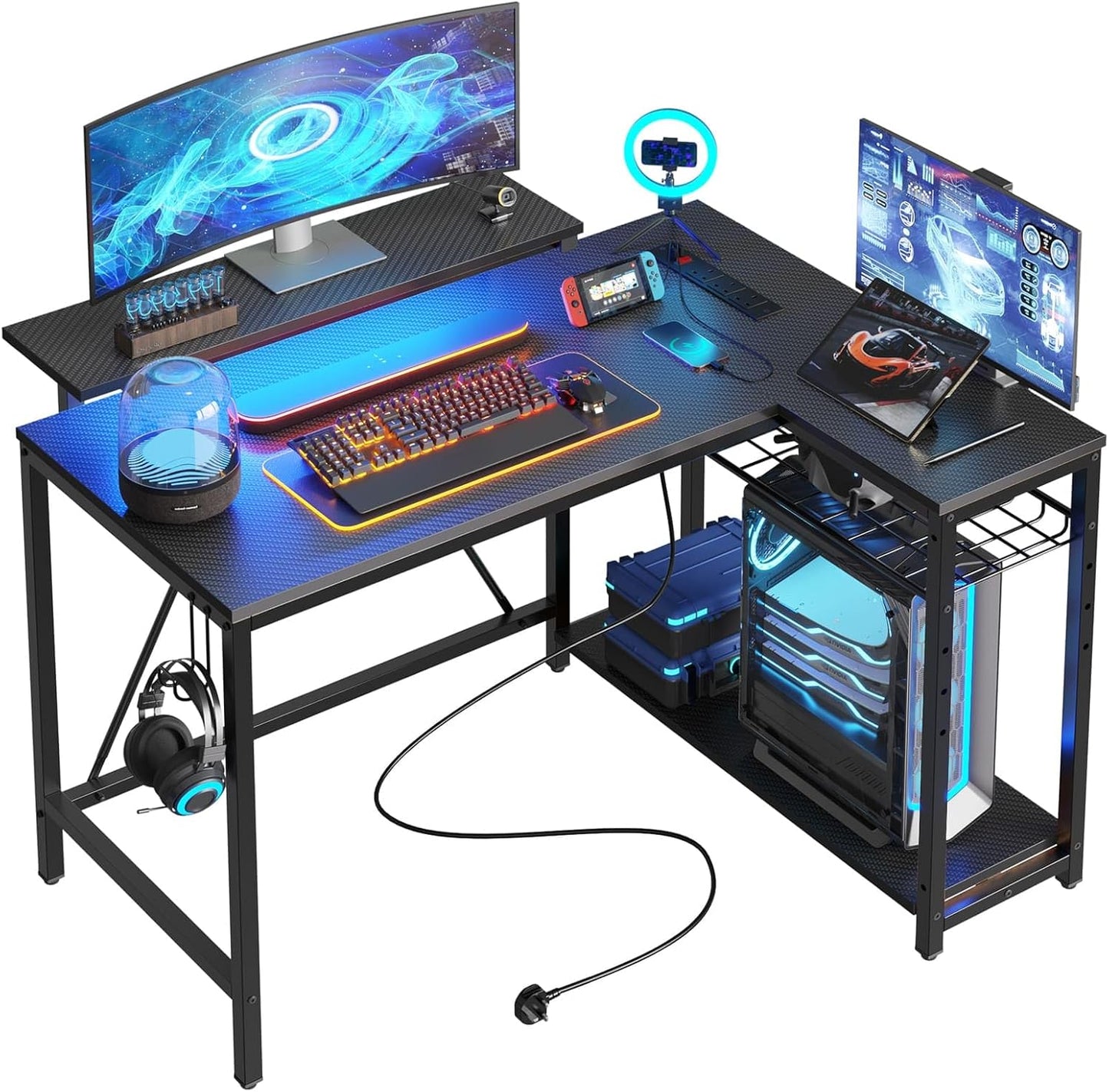 Bestier L-Shaped Gaming Desk with 3 Power Outlets & 2 USB Ports, 106.5cm Reversible Corner Desk with Carbon Fibre Surface, RGB LED Lights, Shelves & Hooks for Home Office or Small Spaces