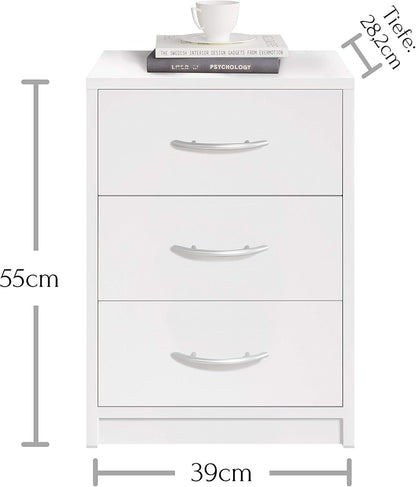 Stella Trading PEPE Bedside Table White - Simple Bedside Cabinet with Three Drawers Suitable for Any Bed & Bedroom - 39 x 54 x 28 cm (W x H x D)