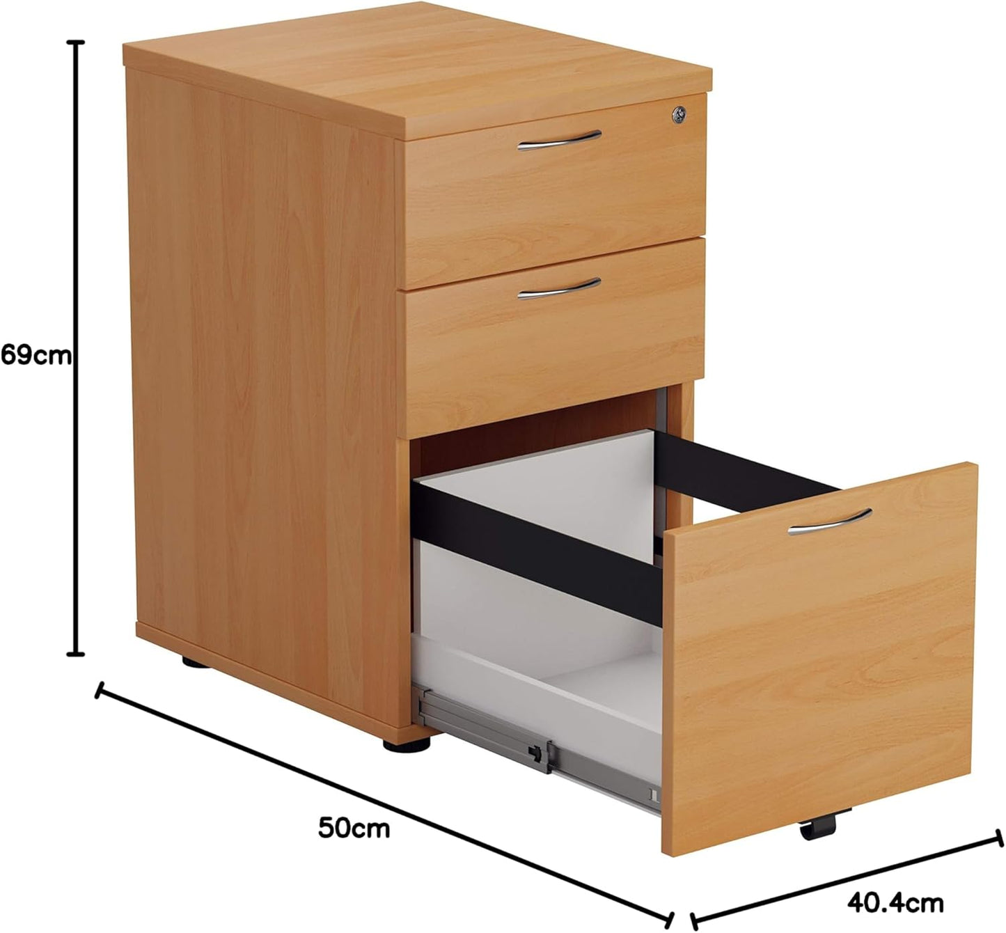 Office Hippo Heavy Duty Pedestal Filing Cabinet, File Cabinet, Office Cabinet with Anti-Tilt Mechanism, Lockable Filing Cabinet, Versatile Under Desk Office Storage - Beech, 3 Drawer