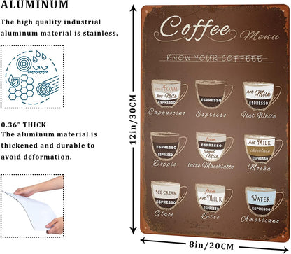 Giwawa Retro Coffee Menu Tin Sign Cafe Signs Know Your Coffee Tin Signs Wall Retrospective Art Man Cave Metal Bar Pub Poster Metal Decor Poster Ptyle Wall Hanging 12 X 8in