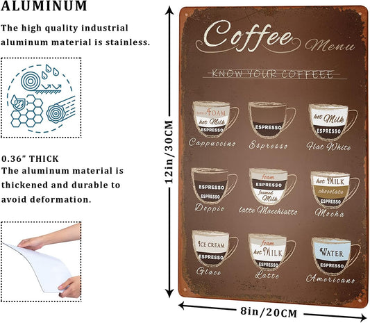 Giwawa Retro Coffee Menu Tin Sign Cafe Signs Know Your Coffee Tin Signs Wall Retrospective Art Man Cave Metal Bar Pub Poster Metal Decor Poster Ptyle Wall Hanging 12 X 8in