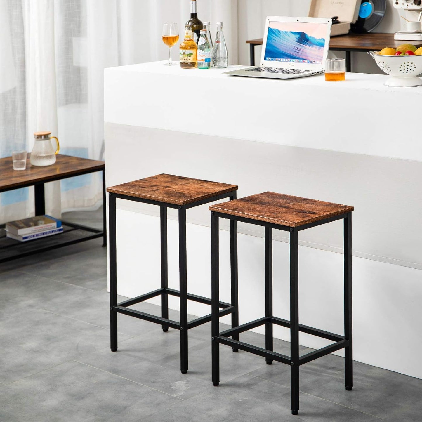 IBUYKE Bar Stool Set of 2, Tall Kitchen Counter Breakfast Bar Stools, Bar Chairs with Footrest, for Home Pub Bar Table, Living Room, Lounge, Industrial Style, Rustic Brown and Black TMJ051H