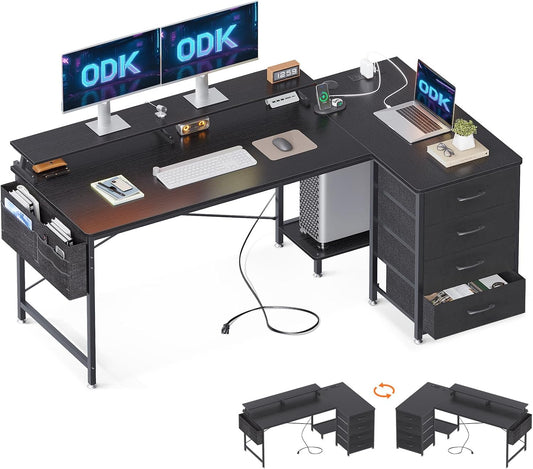 ODK Corner Desk with Drawers, L Shaped Computer Desk with USB Charging Port & Power Outlet, Home Office Desk with Monitor Stand and PC Stand, 63 Inch Gaming Desks Workstations, Black