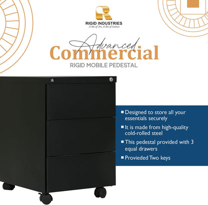 RIGID Steel Mobile Pedestal 3 Drawer Storage Unit Modern & Sleek Office Furniture Black