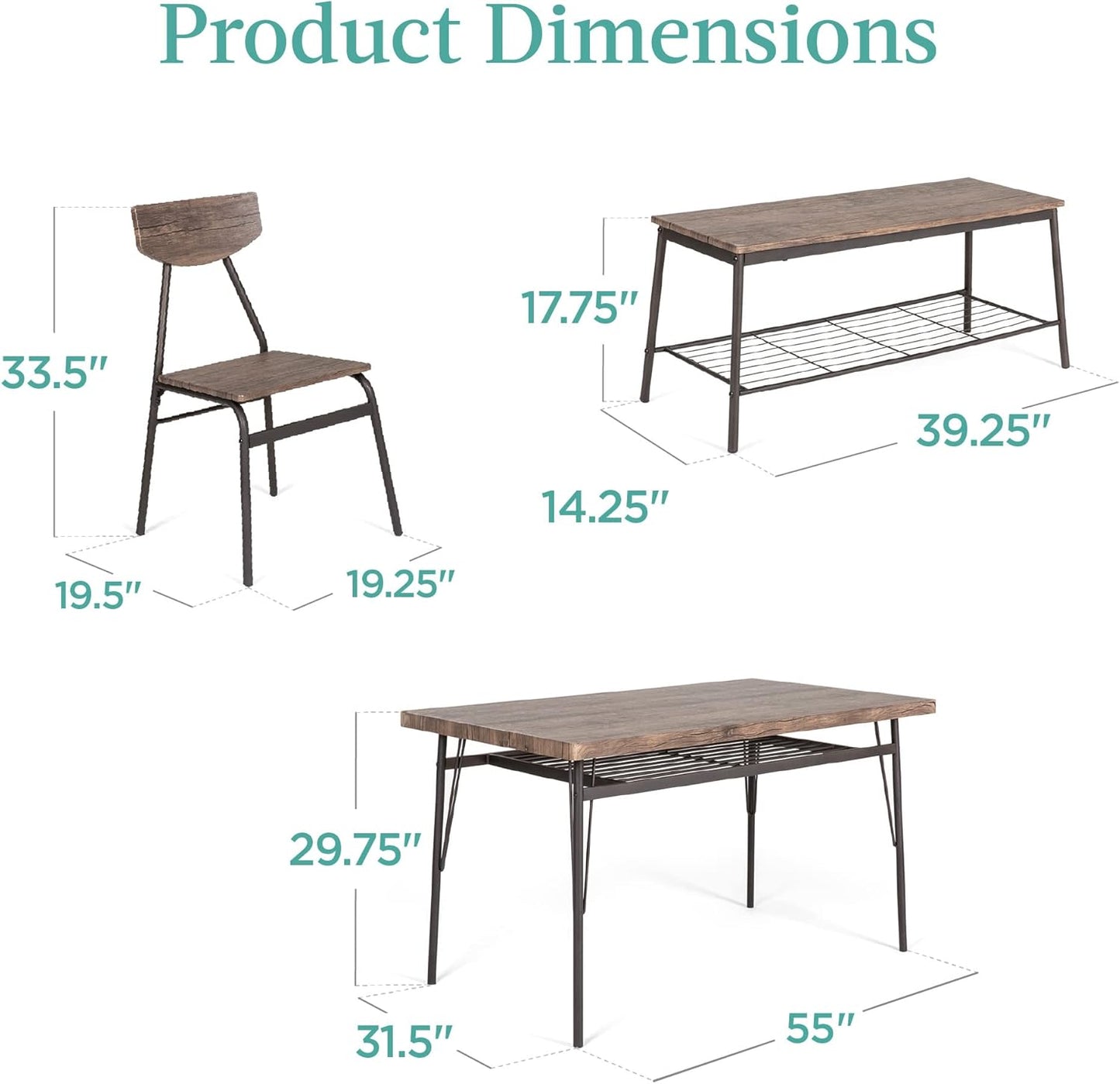 Best Choice Products 6-Piece 55in Wooden Modern Dining Set for Home, Kitchen, Dining Room w/Storage Racks, Rectangular Table, Bench, 4 Chairs, Steel Frame - Brown
