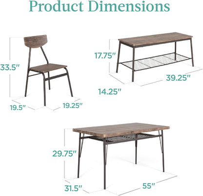 Best Choice Products 6-Piece 55in Wooden Modern Dining Set for Home, Kitchen, Dining Room w/Storage Racks, Rectangular Table, Bench, 4 Chairs, Steel Frame - Brown