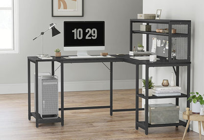 CubiCubi L Shaped Computer Desk with Hutch & Iron Mesh, 59 inch Large Home Office Desk with Storage Shelves, Study Table Writing Desk Workstation, Black