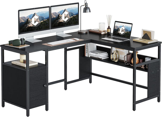 FurniFlex L-Shaped Computer Desk with File Cabinets, 59.1-Inch Size, Black