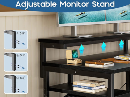 ODK 61" Reversible L Shaped Computer Desk, Modern Black Corner Desk with Storage Shelves & Monitor Stand, Home Office, Gaming, Writing Desk