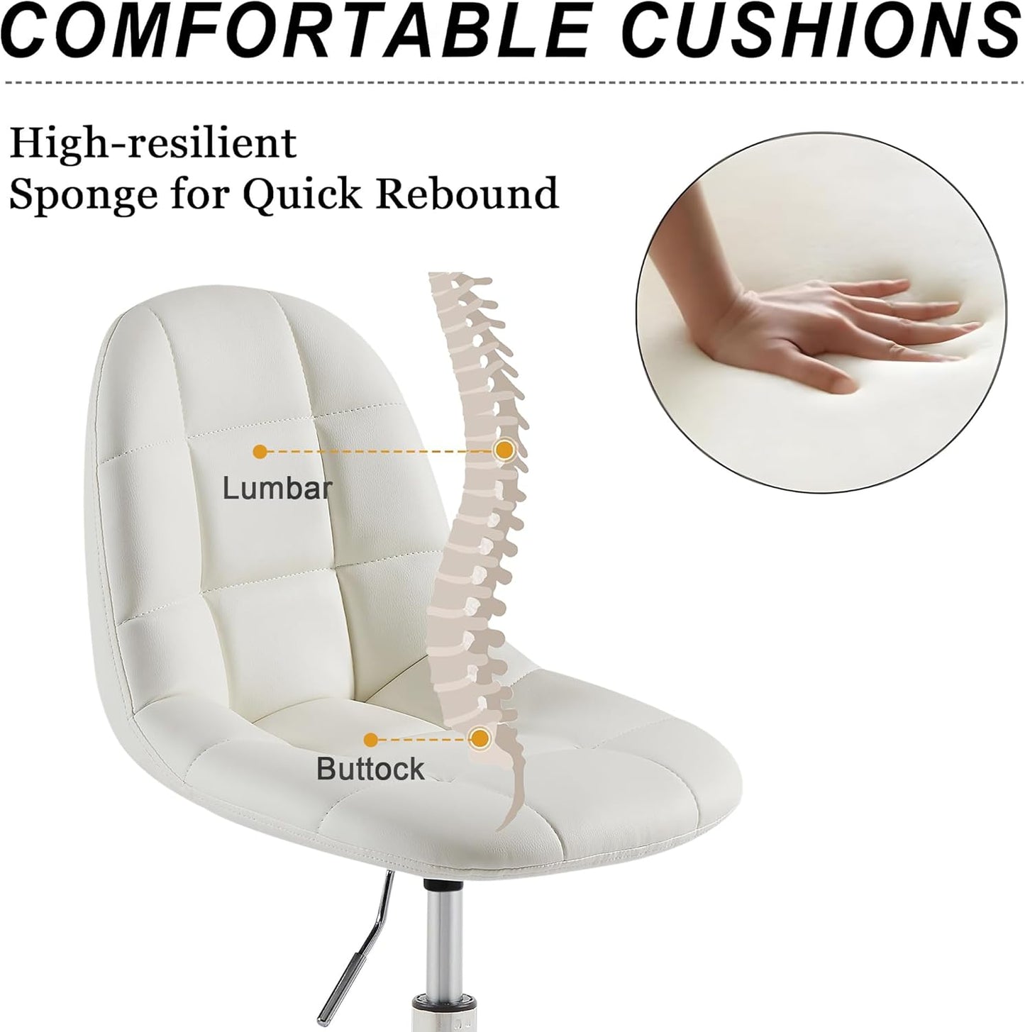 VECELO Armless Home Office Desk Chair, Height Adjustable, PU Leather 360 Degree Swivel with Wheels, Stylish Casual Vanity Seat for Study, Work, Makeup, Leisure, Weight up to 330 Lbs, White