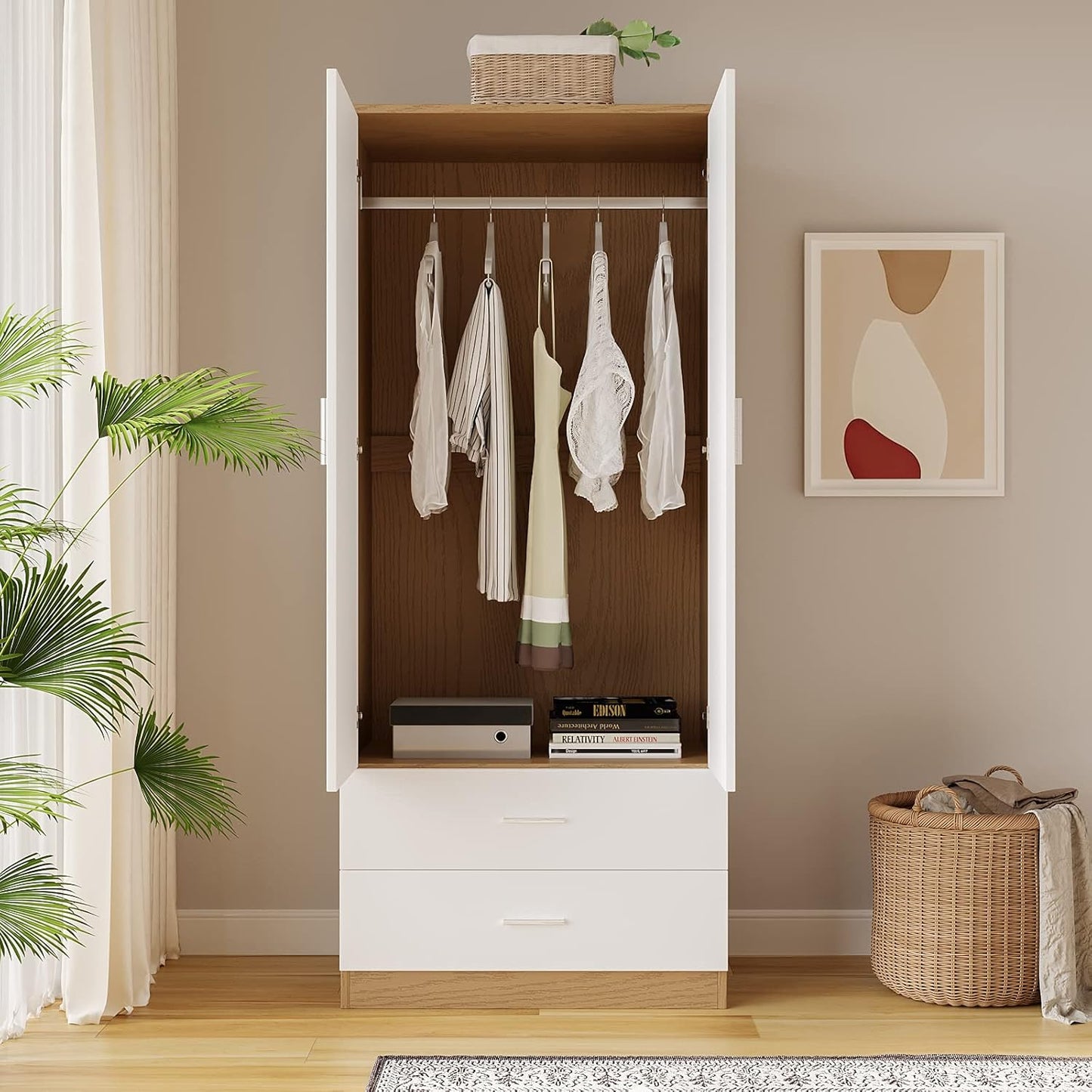 2 Door 2 Drawer Wardrobe with Hanging Rail Wooden Clothes Storage Cupboards Unit for Bedroom Furniture 76.8 * 50 * 180cm (White with Oak)