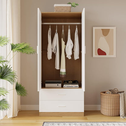 2 Door 2 Drawer Wardrobe with Hanging Rail Wooden Clothes Storage Cupboards Unit for Bedroom Furniture 76.8 * 50 * 180cm (White with Oak)