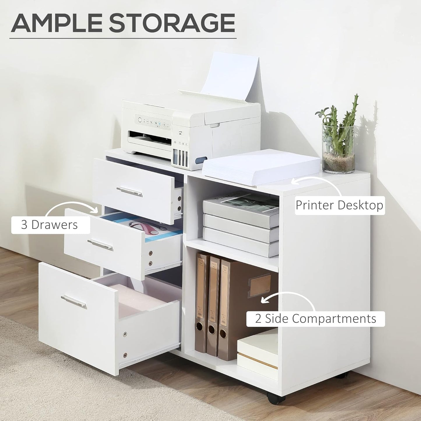 HOMCOM Freestanding Printer Stand Unit Office Desk Side Mobile Storage w/Wheels 3 Drawers, 2 Open Shelves Modern Style 80L x 40W x 65H cm - White