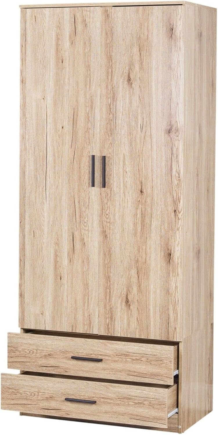 URBNLIVING Oak Wooden Bedroom Furniture Cabinet Chest of Drawers Dressing Table Wardrobe - 2 Door Wardrobe
