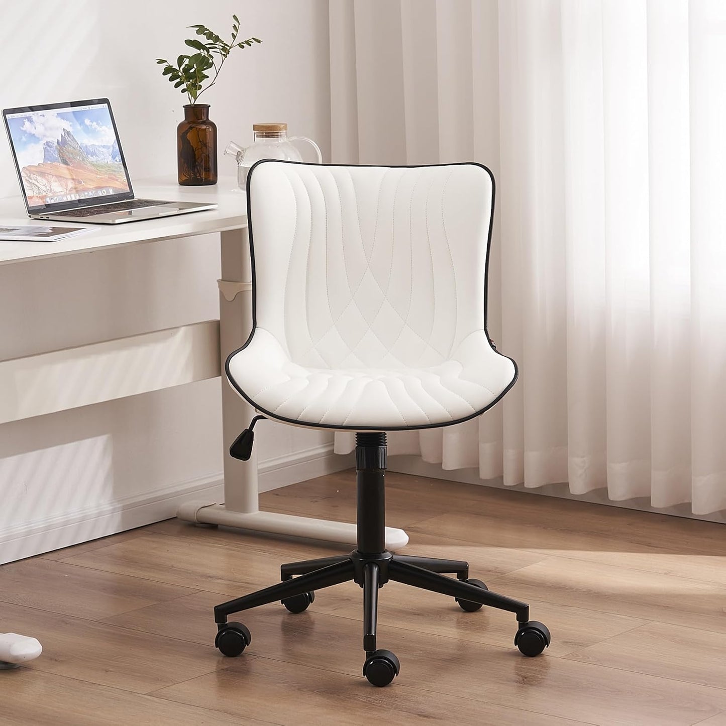 YOUTASTE Modern Armless Office Chair - Height Adjustable Swivel Rocking Computer Task Chair, Faux Leather With Wheels, Stylish Lounge Vanity Seat, White