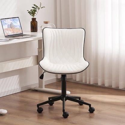 YOUTASTE Modern Armless Office Chair - Height Adjustable Swivel Rocking Computer Task Chair, Faux Leather With Wheels, Stylish Lounge Vanity Seat, White