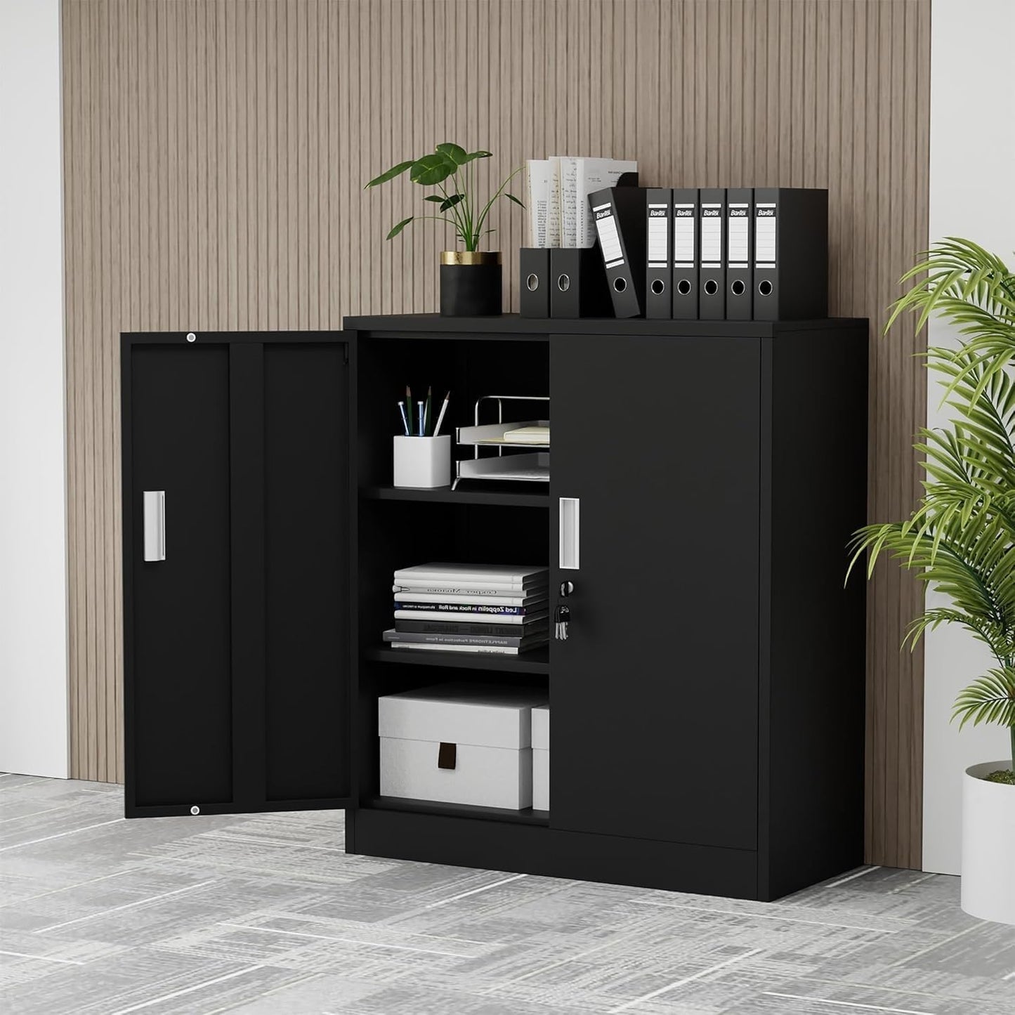 FurniFlex Metal Filing Storage Cabinet with Lockable Doors, 92 cm x 80 cm x 40 cm Size, Black