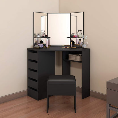 Panana Dressing Table MDF Corner Makeup Table with 3 Mirrors, 5 Drawers, 1 Compatiment and Bedroom Stool, 109 cm (L) x 55 cm (W) x 140 cm (H) (Black)